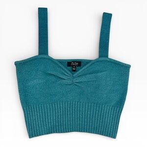 Litty Fox Teal Ribbed Knit Crop Tank Ruched Sweetheart Top M
